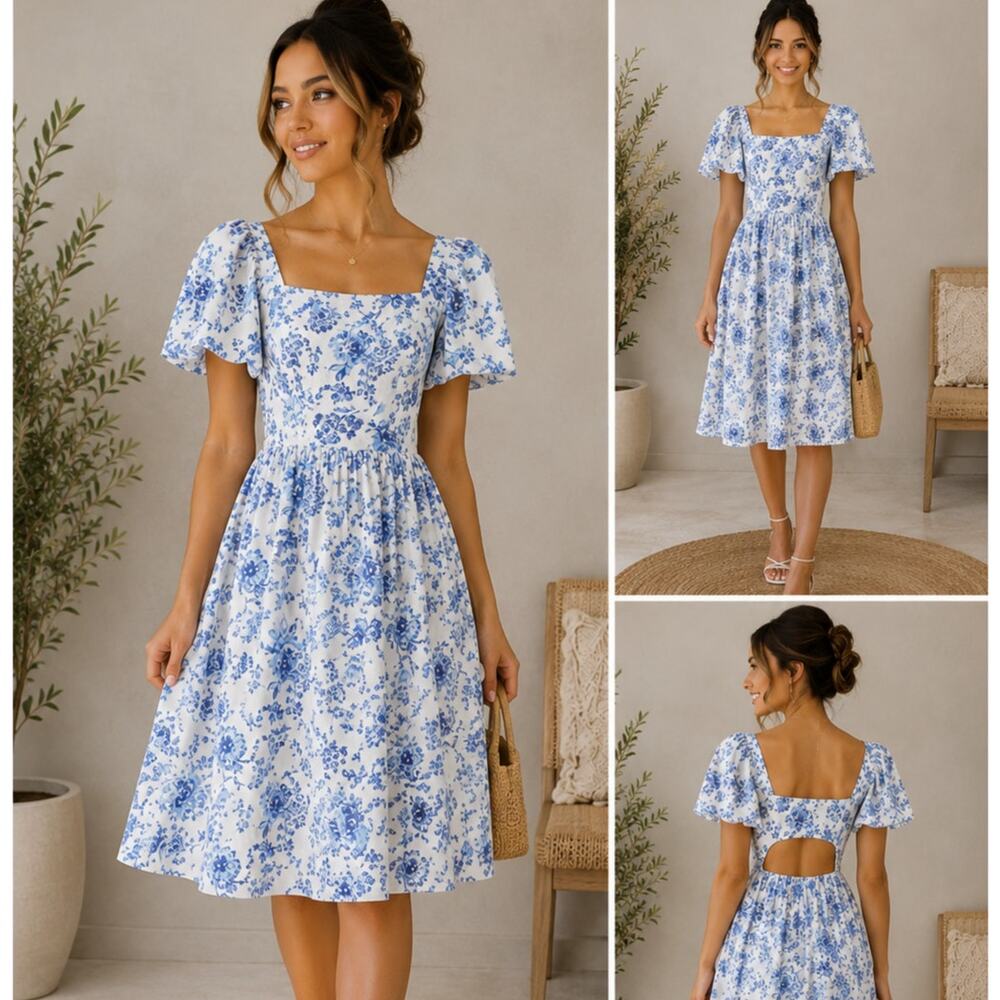 Blue Floral Linen Blend Midi Dress Sz S Puff Sleeve Cutout Cottagecore Vacation